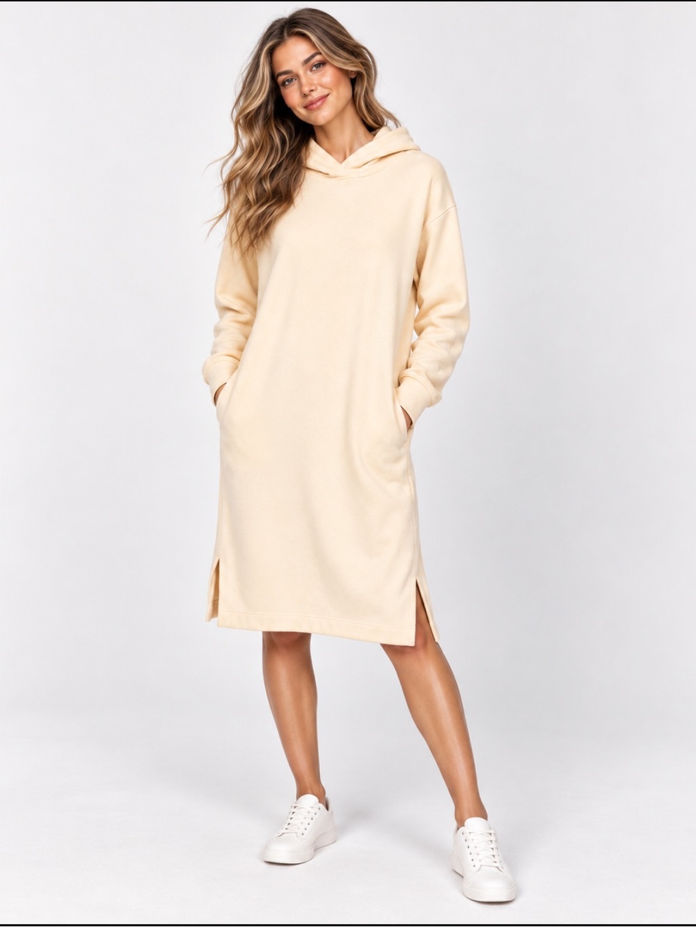 UNIQLO Cream Longline Hoodie Sweatshirt Dress Side Slits Size S